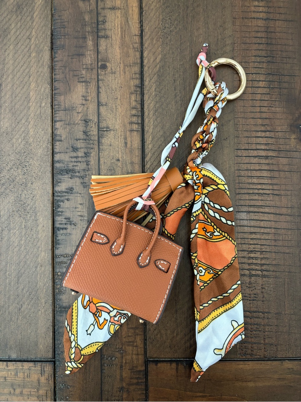 Mini Top Handle Handbag Charm Keychain with Scarf & Tassel โ Brown - Picture 2 of 6